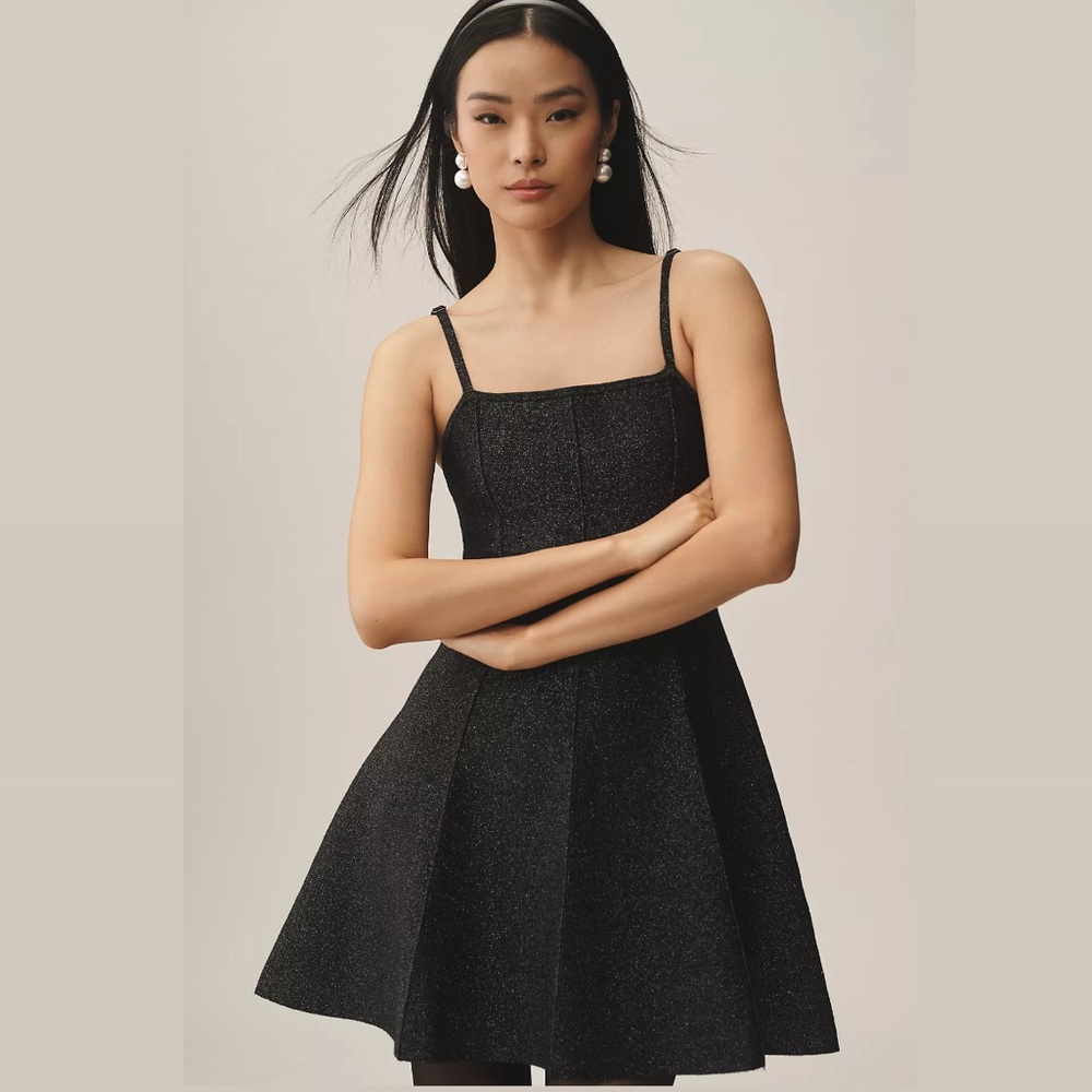 Anthropology Square-Neck Pleated A-Line Lurex Mini Sweater Dress size small